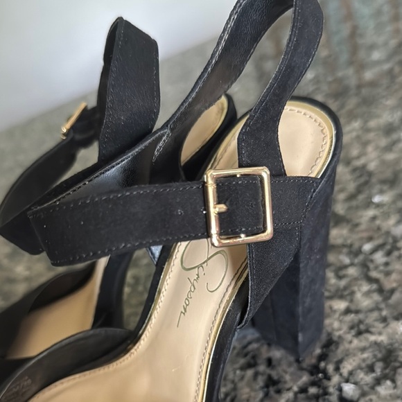 Jessica Simpson Black suede Chunky Platform Heels with Gold Buckle EUC 8.5 - Picture 13 of 15